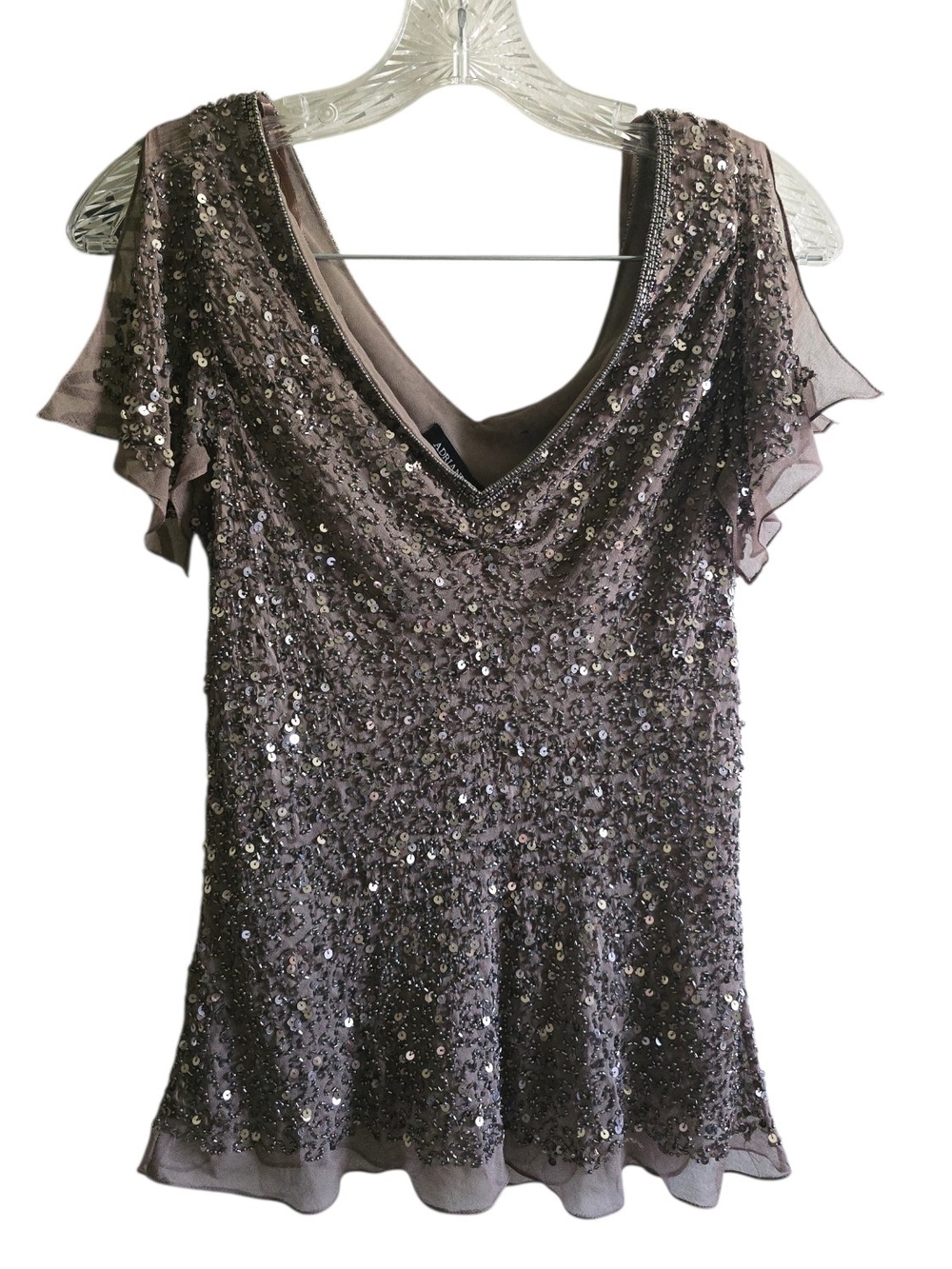 Adrianna Papell Evening Fully Beaded Sequin Flutter Sleeve V-Neck Top, Size M